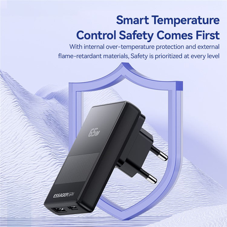 ESSAGER 65W Ultra Thin GaN Travel Charger Type-C + USB-A Dual Port Adapter with Detachable Plug - EU Plug