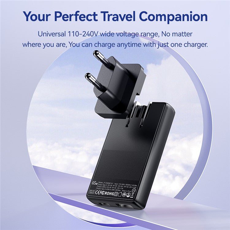 ESSAGER 65W Ultra Thin GaN Travel Charger Type-C + USB-A Dual Port Adapter with Detachable Plug - EU Plug