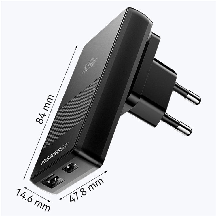 ESSAGER 65W Ultra Thin GaN Travel Charger Type-C + USB-A Dual Port Adapter with Detachable Plug - EU Plug
