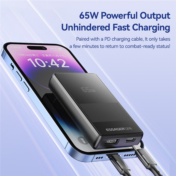 ESSAGER 65W Ultra Thin GaN Travel Charger Type-C + USB-A Dual Port Adapter with Detachable Plug - UK Plug