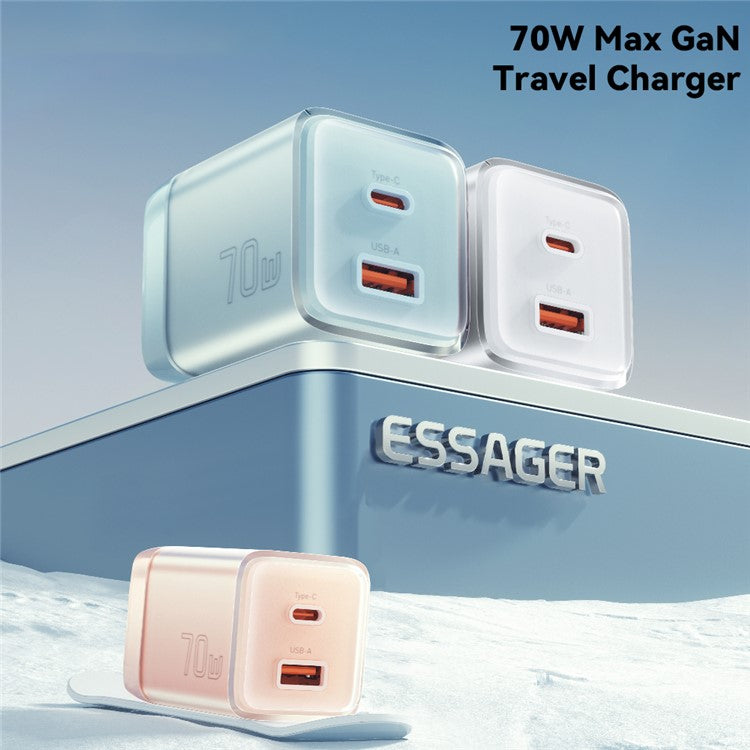 ESSAGER GaN 70W USB+Type-C Wall Charger Plug Charging Adapter - US Plug / Pink