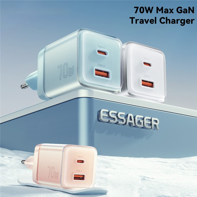 ESSAGER GaN 70W USB+Type-C Wall Charger Plug Charging Adapter - EU Plug / Pink
