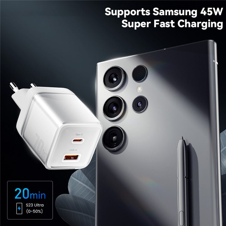 ESSAGER GaN 70W USB+Type-C Wall Charger Plug Charging Adapter - EU Plug / Blue