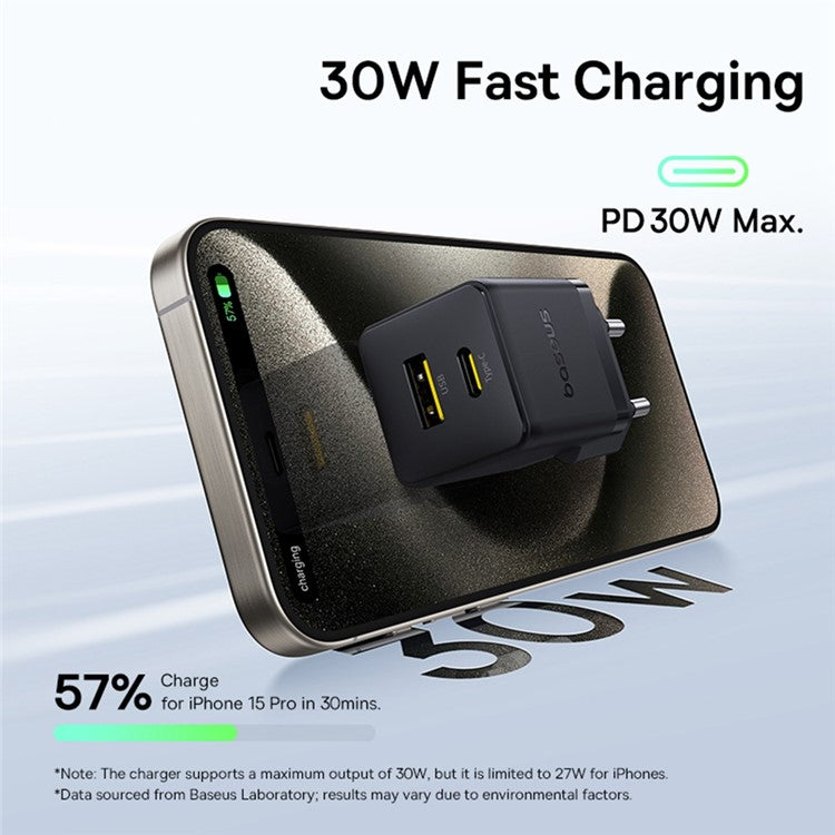 BASEUS Palm Fast Charger 30W Type-C+USB Dual Port Portable Wall Charging Adapter, EU Plug - Black