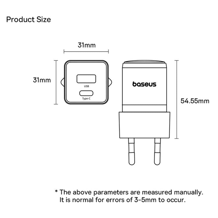 BASEUS Palm Fast Charger 30W Type-C+USB Dual Port Portable Wall Charging Adapter, EU Plug - White