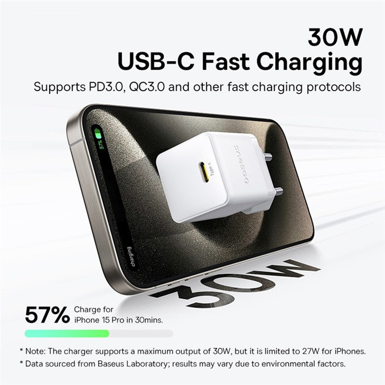 BASEUS Palm Fast Charger 30W Type-C Single Port Portable Wall Charging Adapter, EU Plug - White