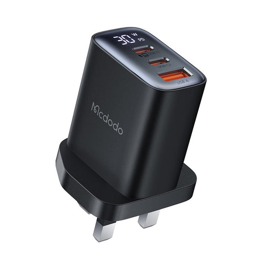 MCDODO CH-2170 30W 3-Port Digital Display Fast Charger (Dual Type-C+USB-A), UK Plug - Black