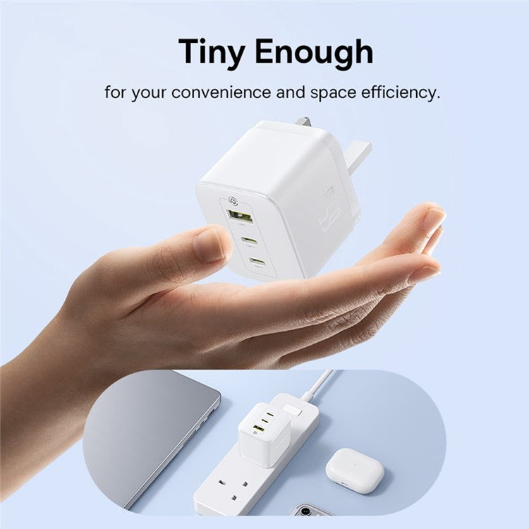 BASEUS Palm Fast Charger Portable 2 Type-C+USB-A 65W GaN Power Adapter, UK Plug - White