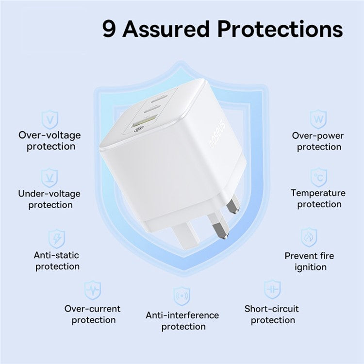 BASEUS Palm Fast Charger Portable 2 Type-C+USB-A 65W GaN Power Adapter, UK Plug - White