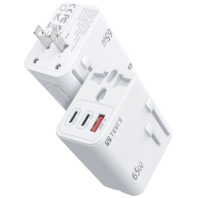 TGVI's Universal Travel Adapter GaN 65W Fast Charger with 1 USB-A + 2 Type-C Ports - White