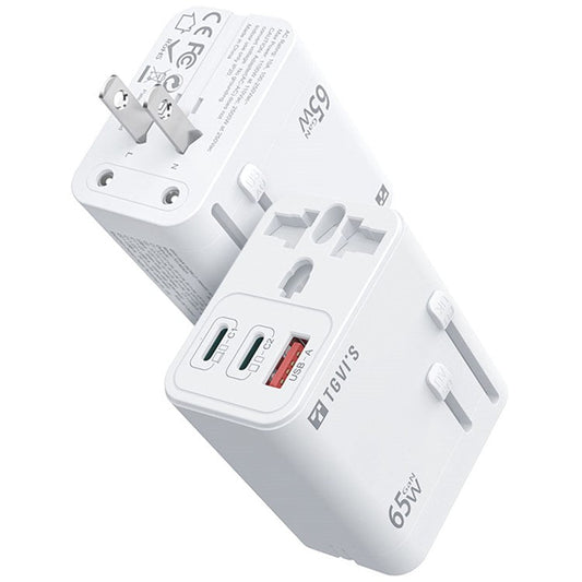 TGVI's Universal Travel Adapter GaN 65W Fast Charger with 1 USB-A + 2 Type-C Ports - White