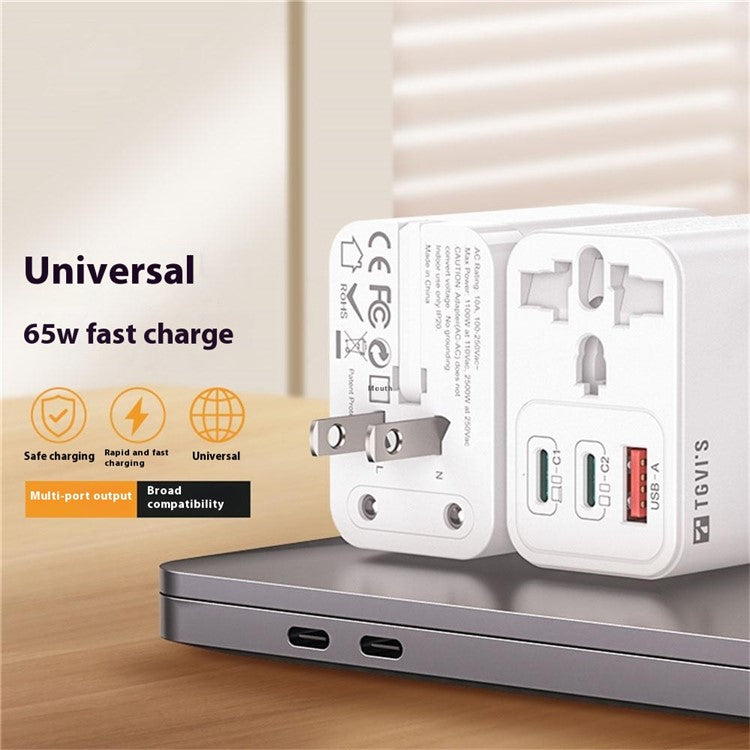 TGVI's Universal Travel Adapter GaN 65W Fast Charger with 1 USB-A + 2 Type-C Ports - White