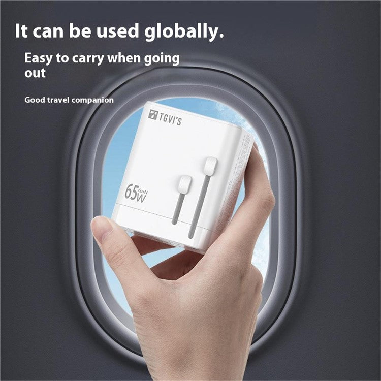TGVI's Universal Travel Adapter GaN 65W Fast Charger with 1 USB-A + 2 Type-C Ports - White