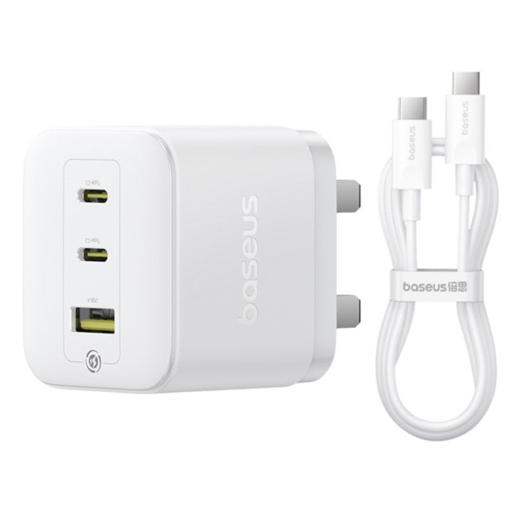 BASEUS Palm Fast Charger 2 Type-C + USB-A 65W Power Adapter UK Plug with 1m 100W Type-C Cable - White