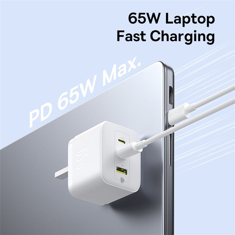 BASEUS Palm Fast Charger 2 Type-C + USB-A 65W Power Adapter UK Plug with 1m 100W Type-C Cable - White