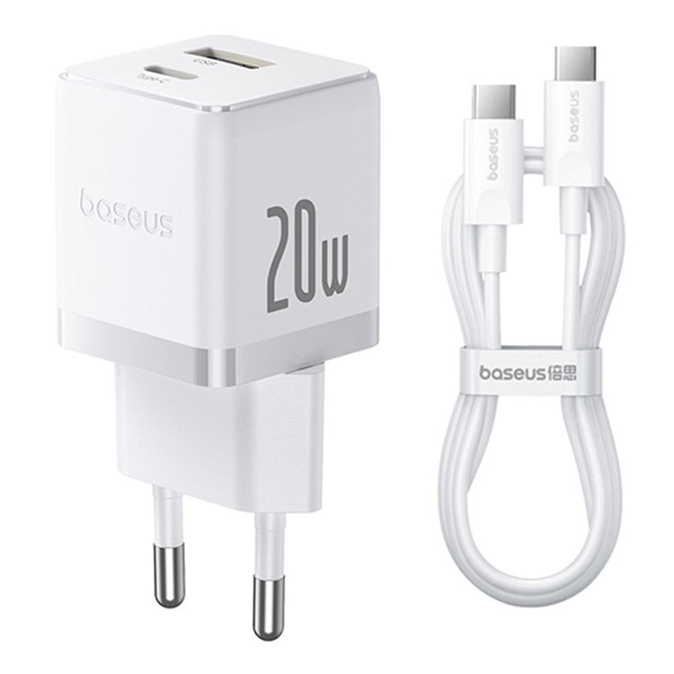 BASEUS Palm USB+Type-C Dual Port 20W Fast Charger EU Plug Wall Charging Adapter with 60W Type-C Cable - White