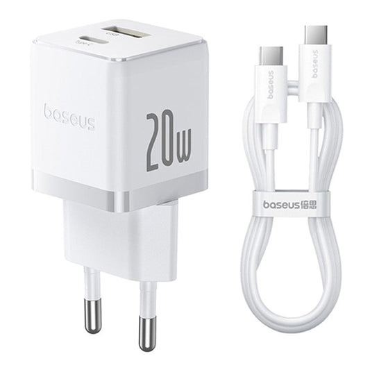 BASEUS Palm USB+Type-C Dual Port 20W Fast Charger EU Plug Wall Charging Adapter with 60W Type-C Cable - White