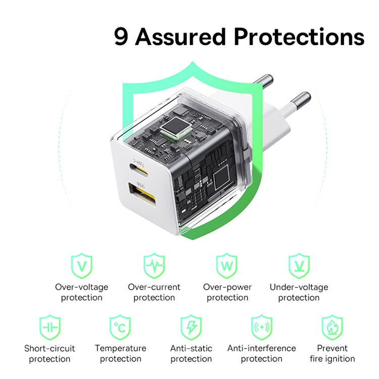 BASEUS Palm USB+Type-C Dual Port 20W Fast Charger EU Plug Wall Charging Adapter with 60W Type-C Cable - White