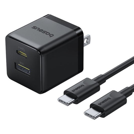 BASEUS Palm USB+Type-C Dual Port 20W Fast Charger US Plug Wall Charging Adapter with 60W Type-C Cable - Black