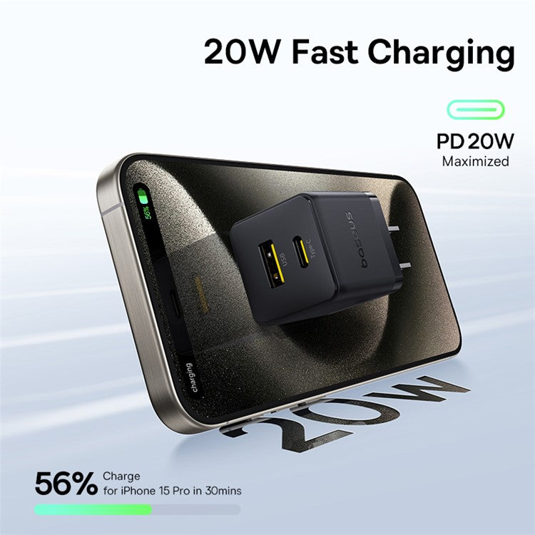 BASEUS Palm USB+Type-C Dual Port 20W Fast Charger US Plug Wall Charging Adapter with 60W Type-C Cable - Black