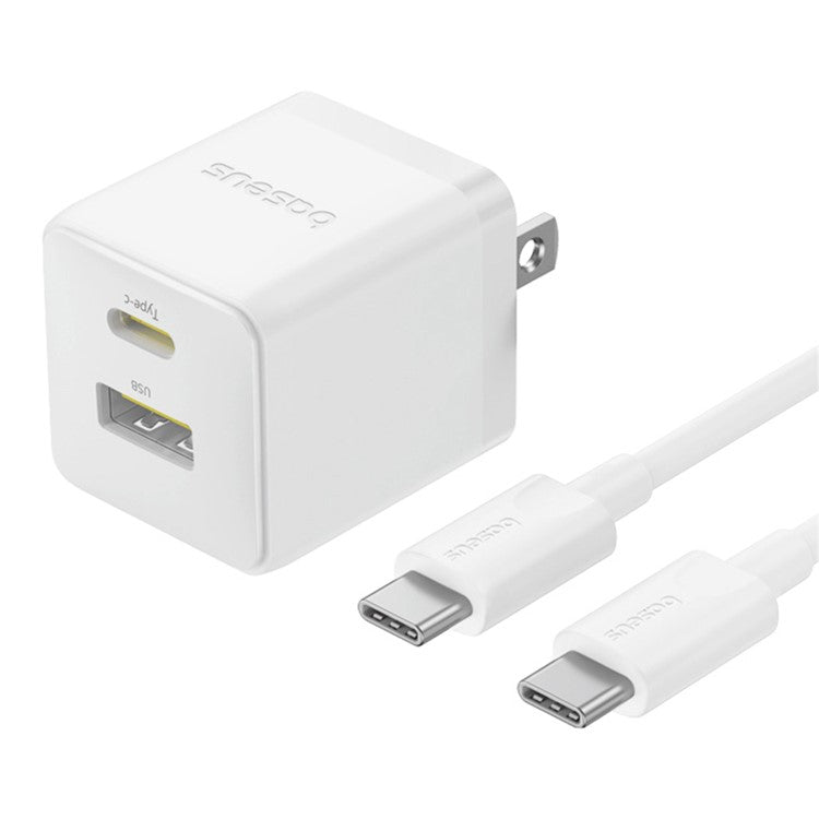 BASEUS Palm USB+Type-C Dual Port 20W Fast Charger US Plug Wall Charging Adapter with 60W Type-C Cable - White