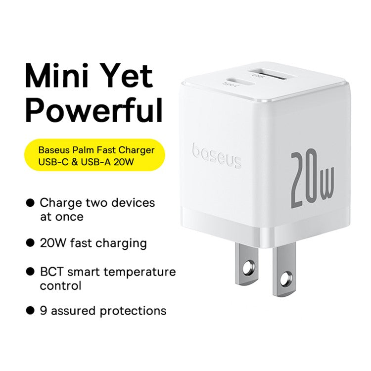 BASEUS Palm USB+Type-C Dual Port 20W Fast Charger US Plug Wall Charging Adapter with 60W Type-C Cable - White