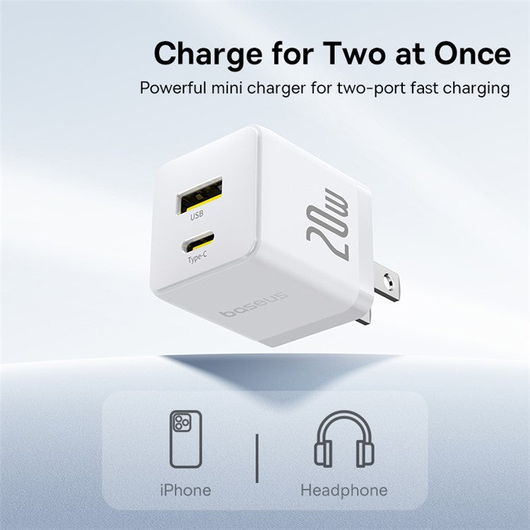 BASEUS Palm USB+Type-C Dual Port 20W Fast Charger US Plug Wall Charging Adapter with 60W Type-C Cable - White