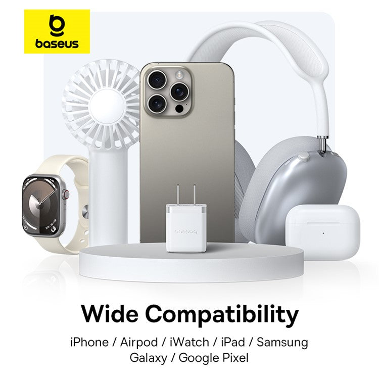 BASEUS Palm USB+Type-C Dual Port 20W Fast Charger US Plug Wall Charging Adapter with 60W Type-C Cable - White