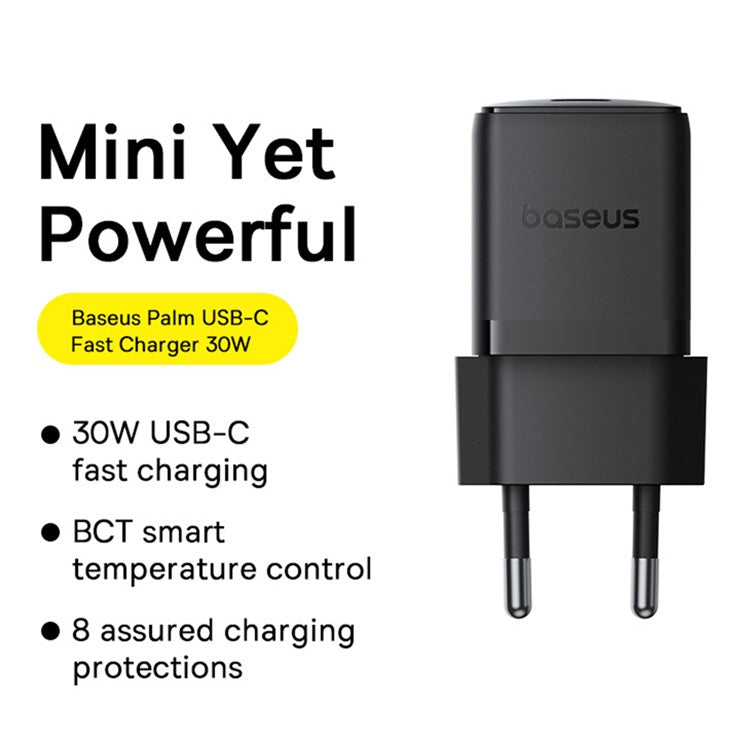 BASEUS Palm Fast Charger 30W Type-C Single Port EU Plug Wall Charging Adapter with 60W Type-C Cable - Black