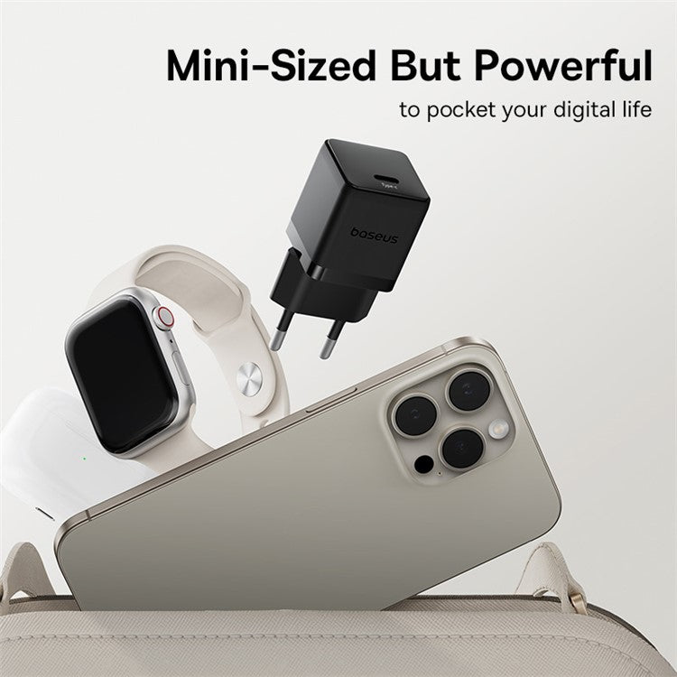 BASEUS Palm Fast Charger 30W Type-C Single Port EU Plug Wall Charging Adapter with 60W Type-C Cable - Black