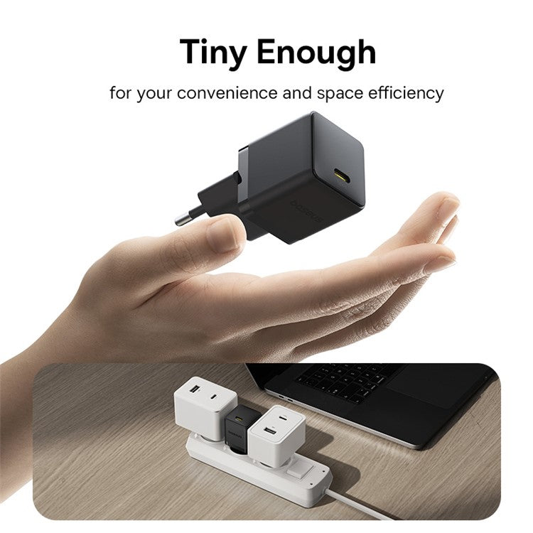BASEUS Palm Fast Charger 30W Type-C Single Port EU Plug Wall Charging Adapter with 60W Type-C Cable - Black