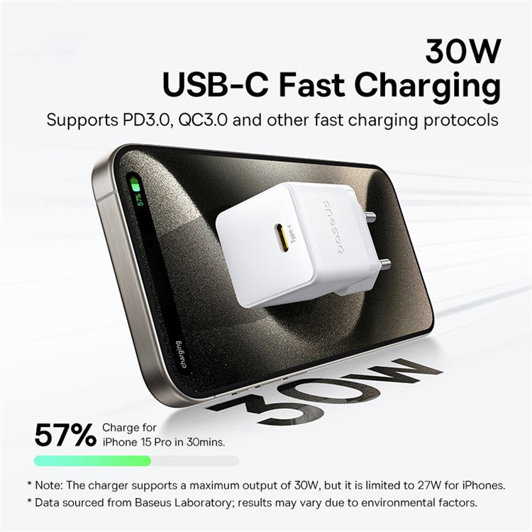 BASEUS Palm Fast Charger 30W Type-C Single Port EU Plug Wall Charging Adapter with 60W Type-C Cable - White