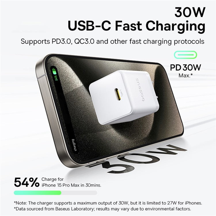 BASEUS Palm Fast Charger 30W Type-C Single Port US Plug Wall Charging Adapter with 60W Type-C Cable - White