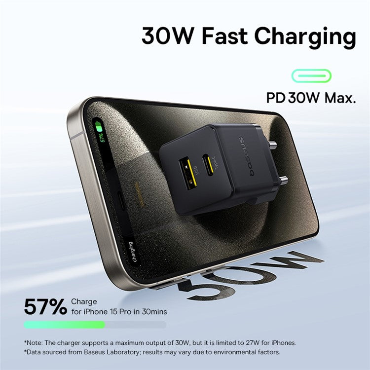 BASEUS Palm Fast Charger 30W Type-C+USB Dual Port EU Plug Wall Charging Adapter with 60W Type-C Cable - Black