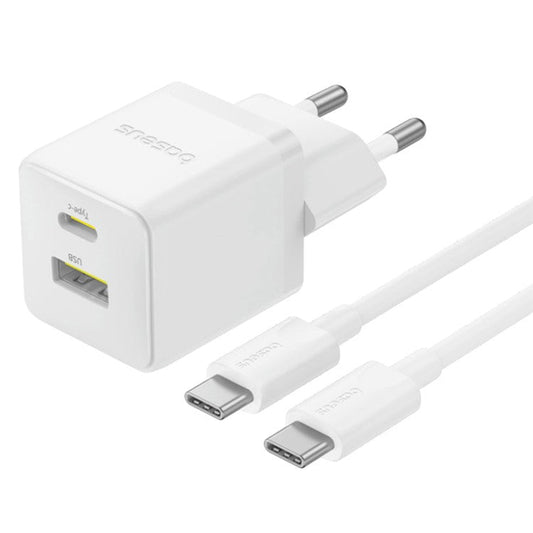 BASEUS Palm Fast Charger 30W Type-C+USB Dual Port EU Plug Wall Charging Adapter with 60W Type-C Cable - White