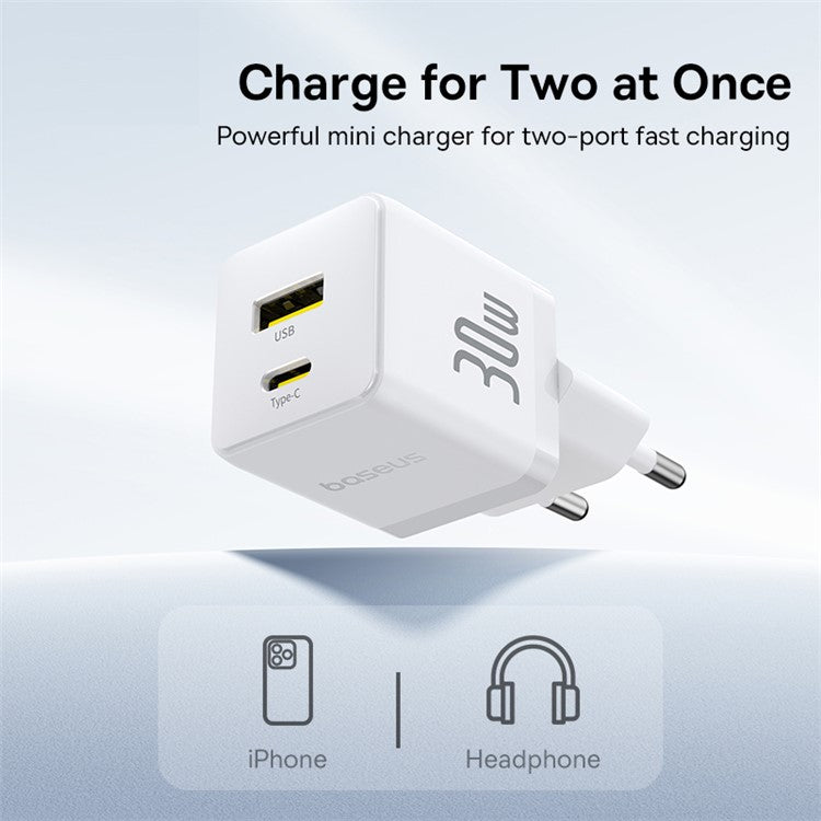 BASEUS Palm Fast Charger 30W Type-C+USB Dual Port EU Plug Wall Charging Adapter with 60W Type-C Cable - White
