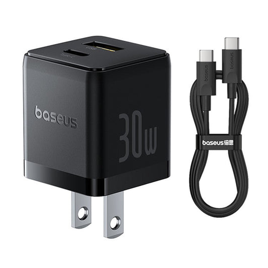 BASEUS Palm Fast Charger 30W Type-C+USB Dual Port US Plug Wall Charging Adapter with 60W Type-C Cable - Black