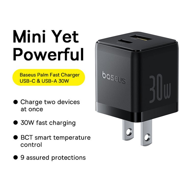 BASEUS Palm Fast Charger 30W Type-C+USB Dual Port US Plug Wall Charging Adapter with 60W Type-C Cable - Black
