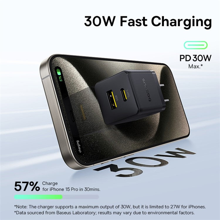 BASEUS Palm Fast Charger 30W Type-C+USB Dual Port US Plug Wall Charging Adapter with 60W Type-C Cable - Black