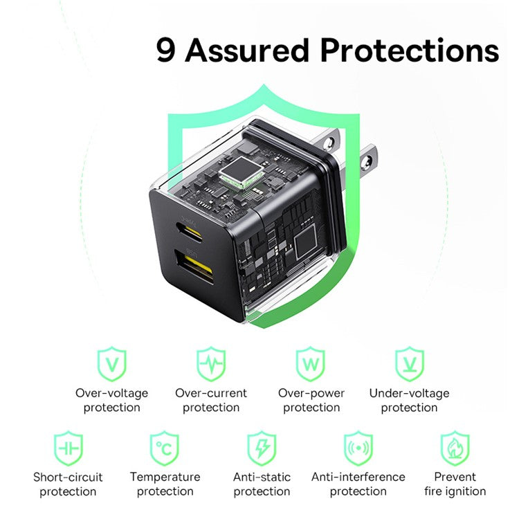 BASEUS Palm Fast Charger 30W Type-C+USB Dual Port US Plug Wall Charging Adapter with 60W Type-C Cable - Black