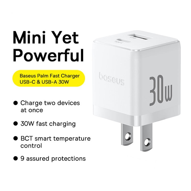 BASEUS Palm Fast Charger 30W Type-C+USB Dual Port US Plug Wall Charging Adapter with 60W Type-C Cable - White