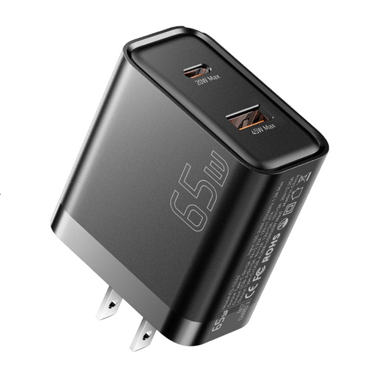 ESSAGER 65W Fast Charging Portable Power Adapter USB-A + Type-C Dual Ports Travel Charger - US Plug