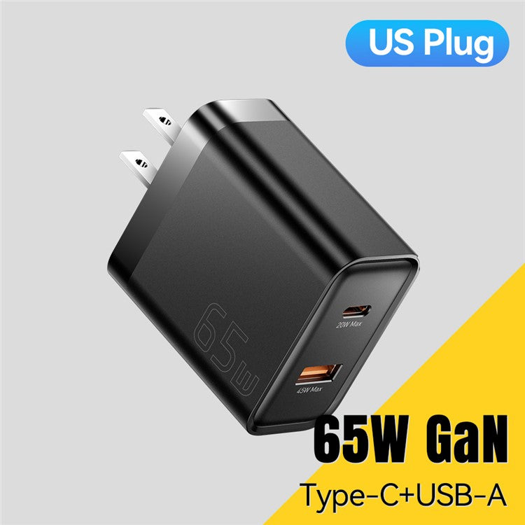 ESSAGER 65W Fast Charging Portable Power Adapter USB-A + Type-C Dual Ports Travel Charger - US Plug