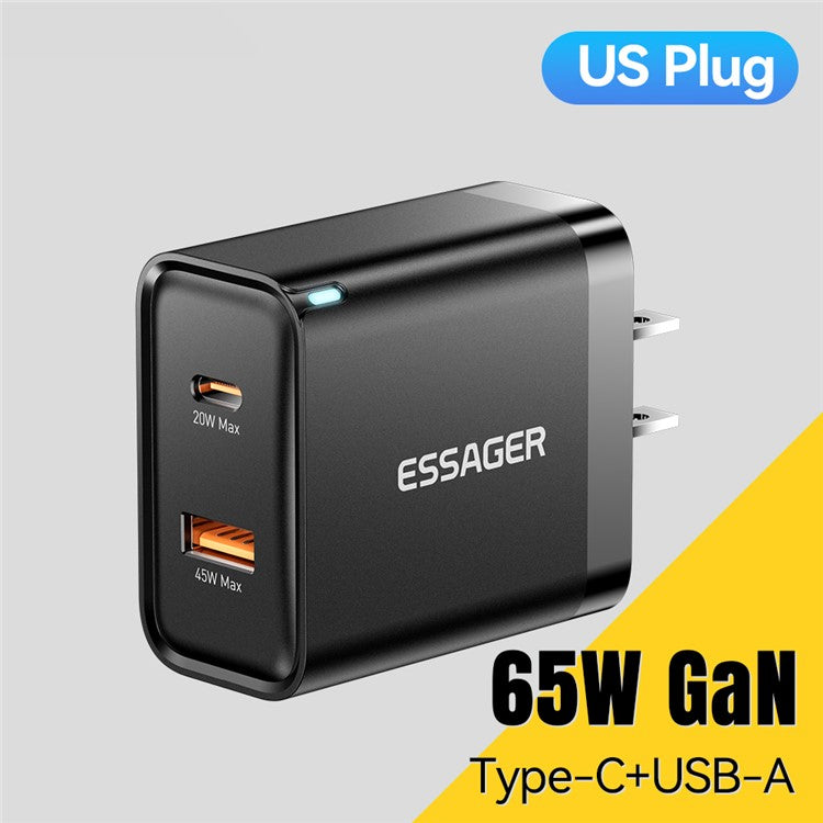 ESSAGER 65W Fast Charging Portable Power Adapter USB-A + Type-C Dual Ports Travel Charger - US Plug