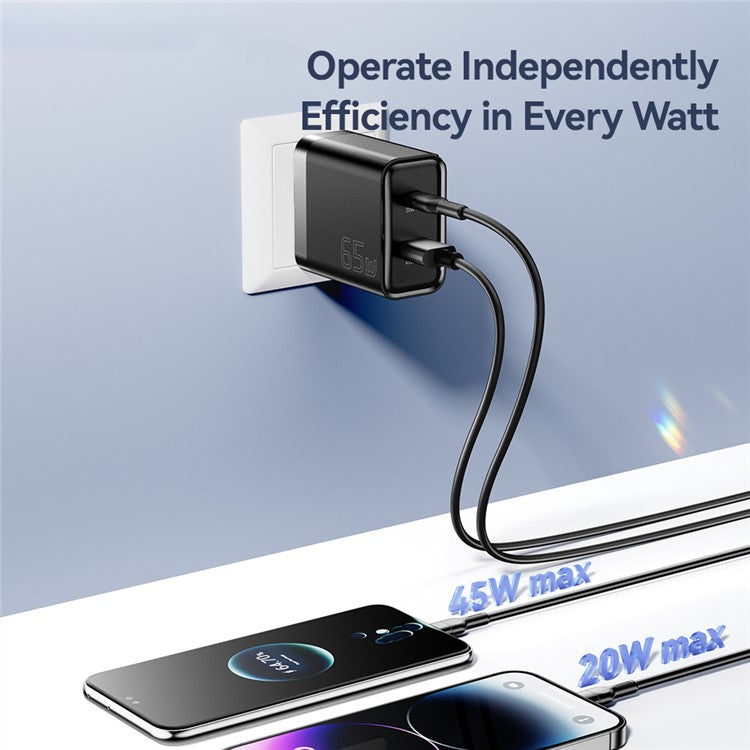 ESSAGER 65W Fast Charging Portable Power Adapter USB-A + Type-C Dual Ports Travel Charger - US Plug