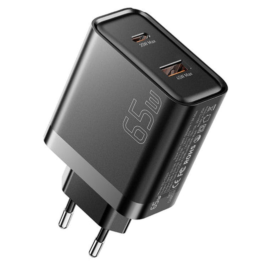 ESSAGER 65W Fast Charging Portable Power Adapter USB-A + Type-C Dual Ports Travel Charger - EU Plug