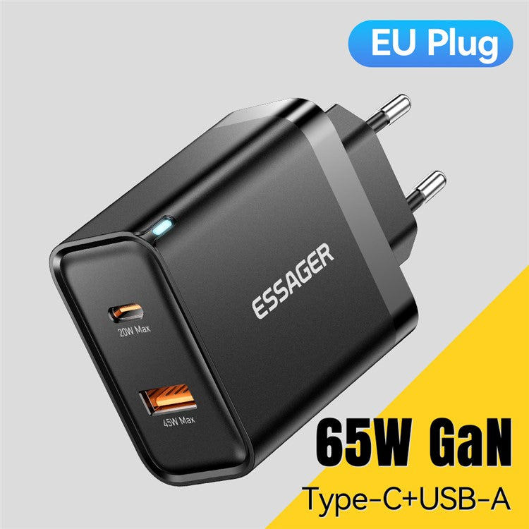 ESSAGER 65W Fast Charging Portable Power Adapter USB-A + Type-C Dual Ports Travel Charger - EU Plug