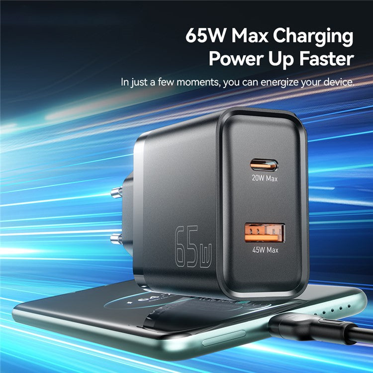 ESSAGER 65W Fast Charging Portable Power Adapter USB-A + Type-C Dual Ports Travel Charger - EU Plug