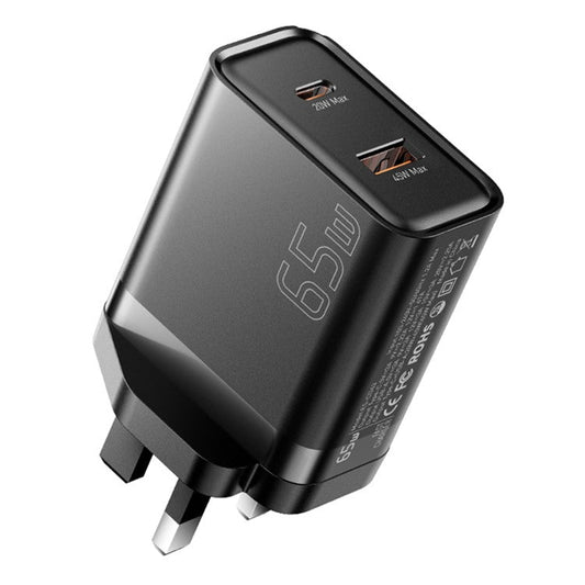 ESSAGER 65W Fast Charging Portable Power Adapter USB-A + Type-C Dual Ports Travel Charger - UK Plug