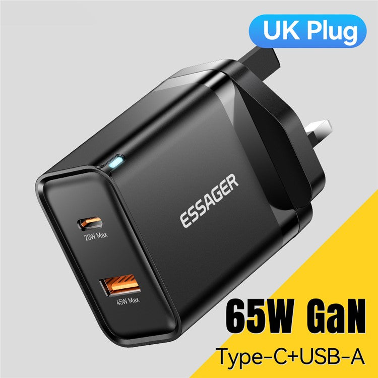 ESSAGER 65W Fast Charging Portable Power Adapter USB-A + Type-C Dual Ports Travel Charger - UK Plug